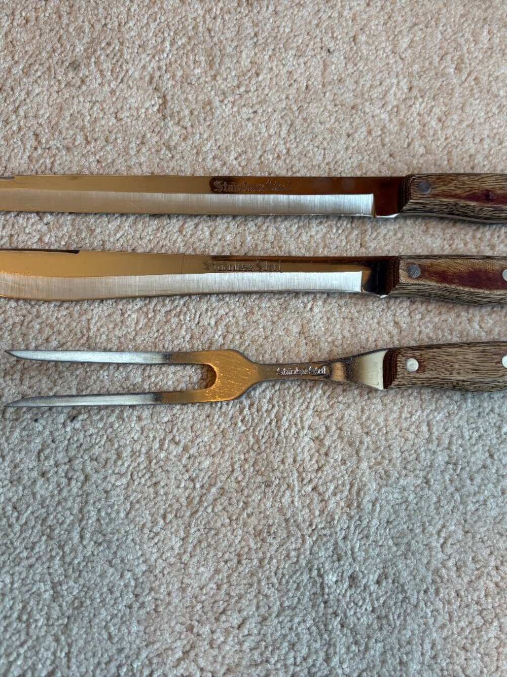 Interpur Stainless Steel Carving Knives & Meat Fork Lot of 3 Wood Handles Japan